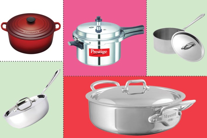 Collage of various pots and pans.